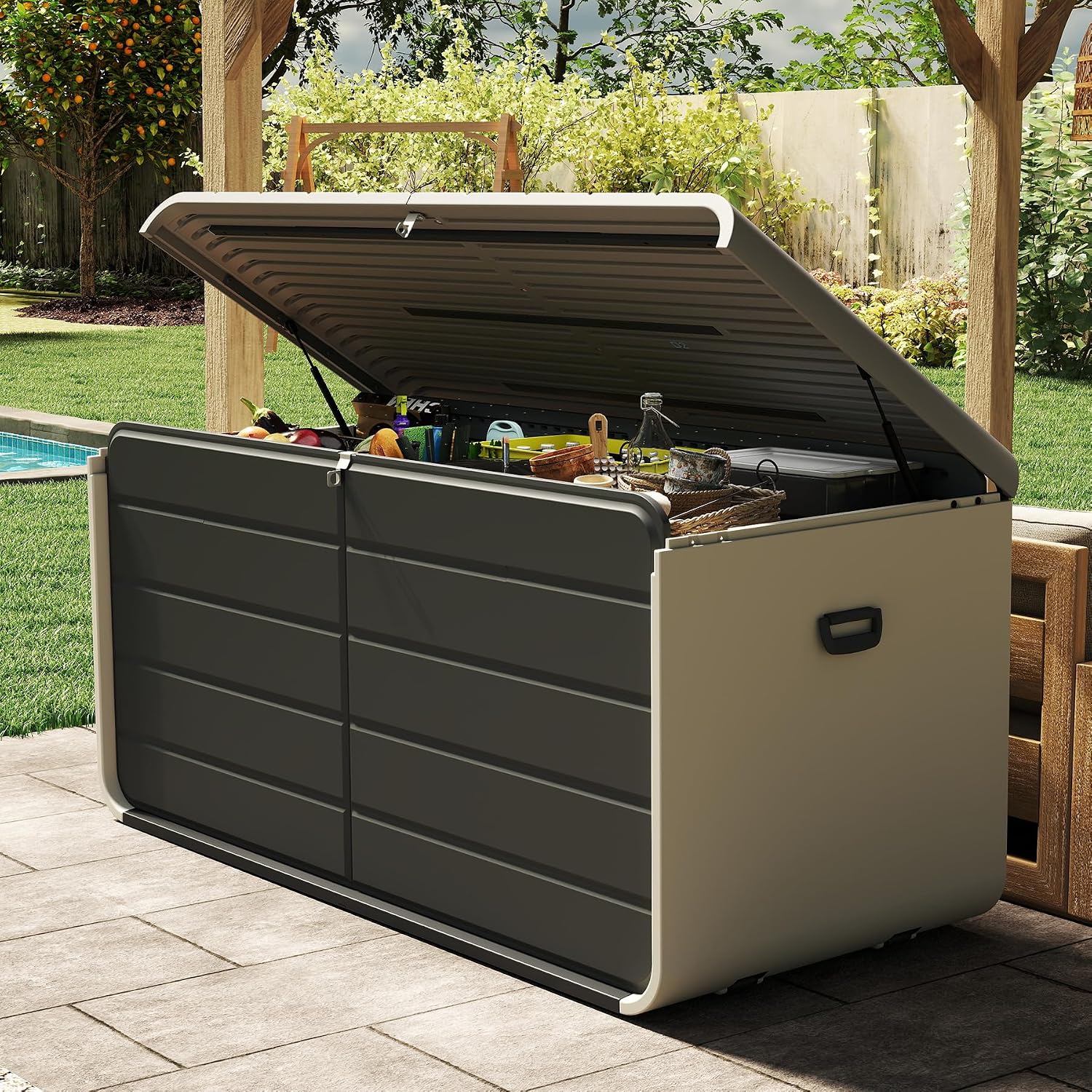Smart Garden Storage - กล่องเก็บของในร่มและกลางแจ้งขนาด 200 แกลลอน กล่องเก็บของขนาดใหญ่กันน้ำทำจากเรซิ่น พร้อมฝาปิดล็อคได้ ทนทานต่อสภาพอากาศ