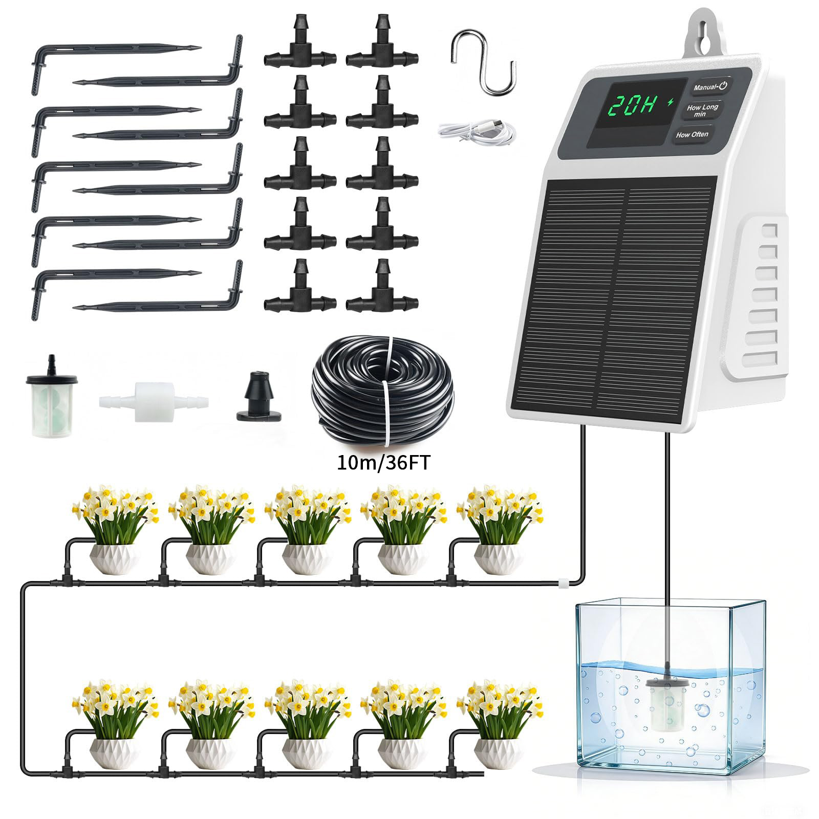 Smart Garden Sprinkler - ระบบให้น้ำหยดด้วยพลังงานแสงอาทิตย์แบบอัตโนมัติรุ่นอัปเกรด อุปกรณ์รดน้ำต้นไม้สำหรับบ้าน สวน ระเบียง โรงเรือน และต้นไม้แขวน
